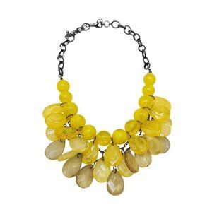 Vintage Yellow Cream Acrylic Teardrop Beaded Necklace With Metal Chain